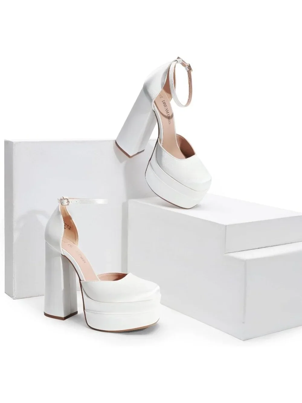Dream Pairs Women's White Satin Square Closed Toe Ankle Strap High Platform Heel